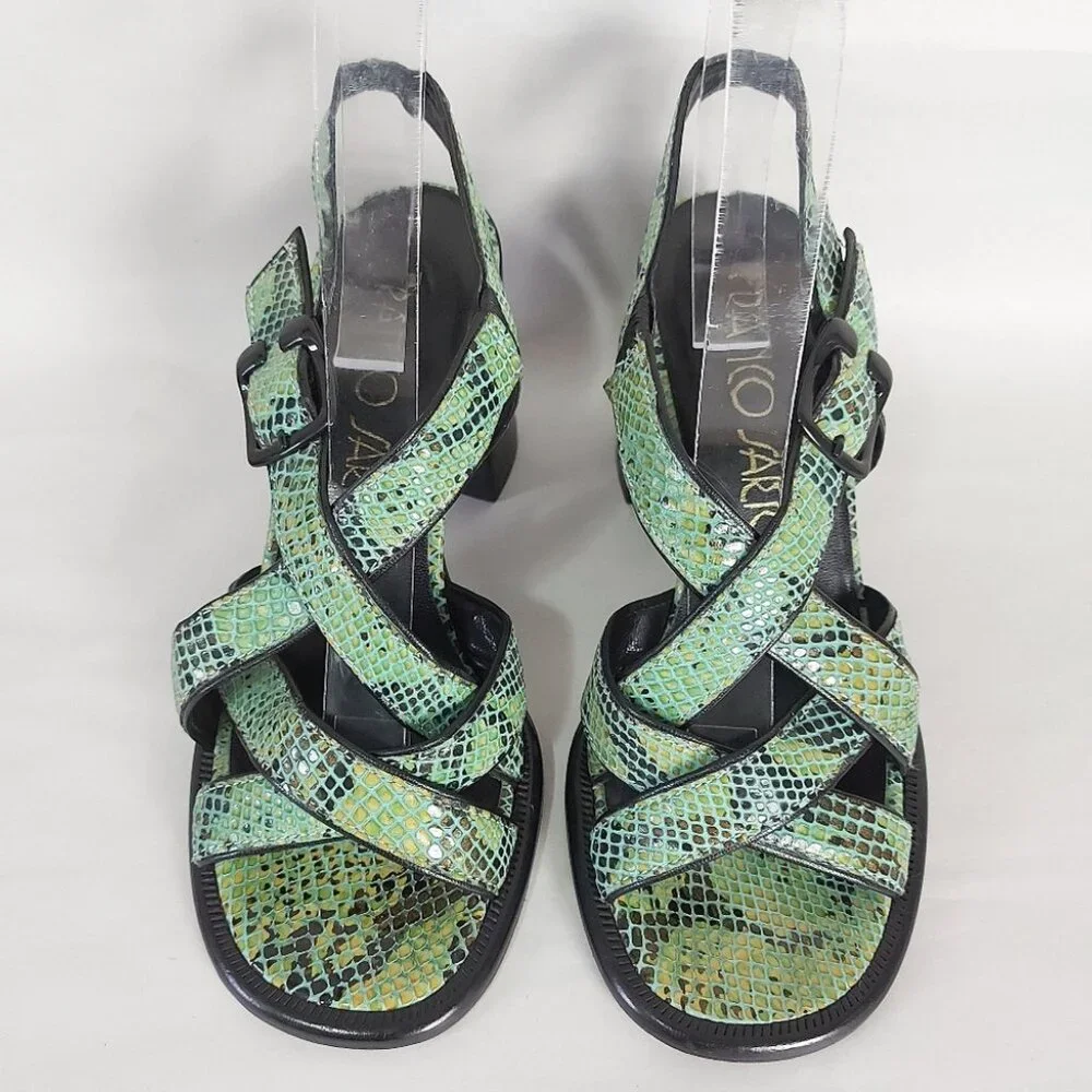 Franco Sarto Women 90s Open-Toe Strappy Sandals 5.5 Green Snakeskin Block Heel